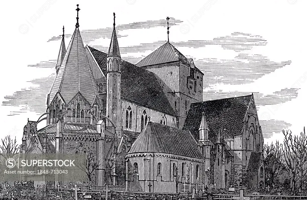 Nidaros Cathedral in Trondheim, Norway, Europe, historic engraving from 19th Century, from book of I Solskin Hjemmet, Ung og Gammel, Battle Creek, Mic...