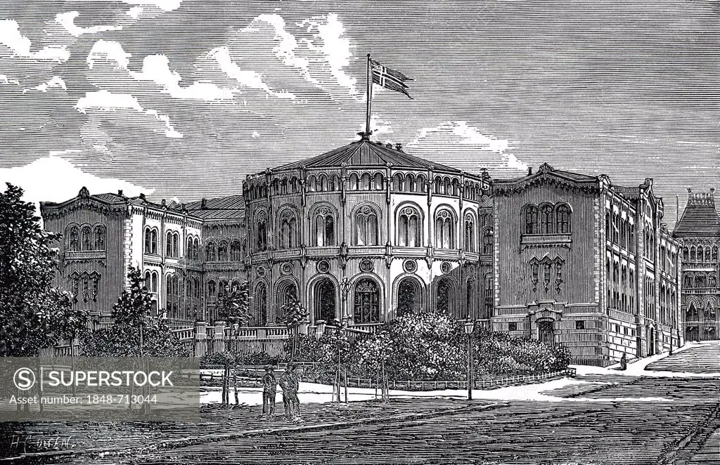 Storting, Parliament of Norway, Oslo or Christiania or Kristiania, historic engraving from 19th Century, from book of I Solskin Hjemmet, Ung og Gammel...