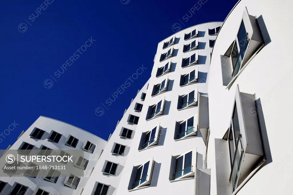Neuer Zollhof building designed by architect Frank O. Gehry, Medienhafen, Duesseldorf, North Rhine-Westphalia, Germany, Europe