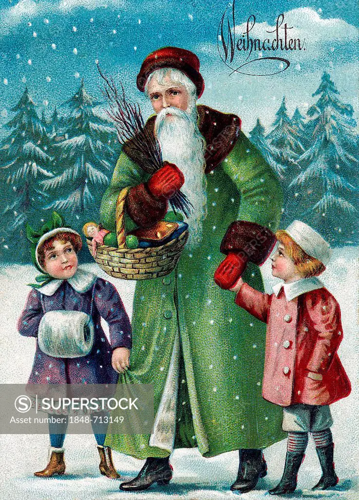 Father Christmas with children, snow, basket with gifts, winter, Christmas, historic illustration