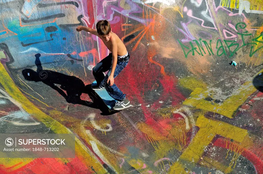 Skateboarder, 10 years, bowl of a skateboarding ramp, Brussels, Belgium, Europe, PublicGround
