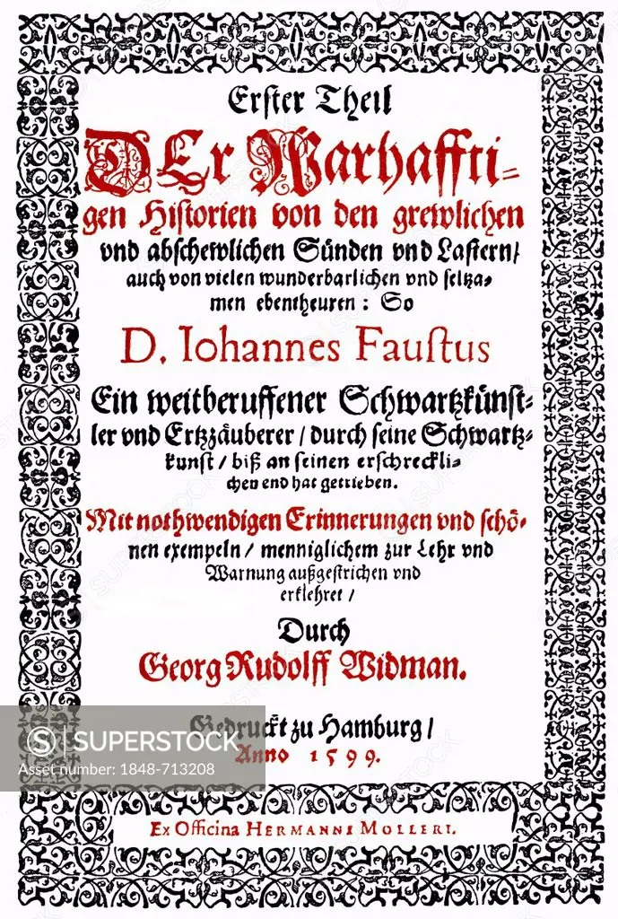 Historic print, 1599, front page of a Faust book by Georg Rudolf Widmann, from Bildatlas zur Geschichte der Deutschen Nationalliteratur, an illustrate...