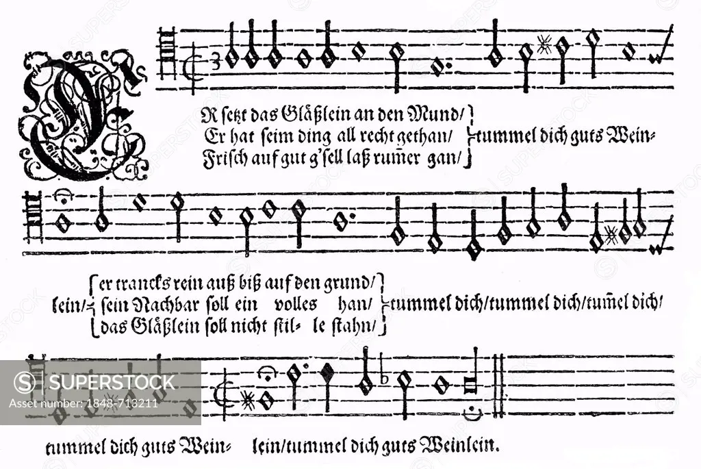 Historic print, 1604, drinking song by Otto Siegfried Harnisch, around 1568 - 1623, a German cantor and composer, from Bildatlas zur Geschichte der De...