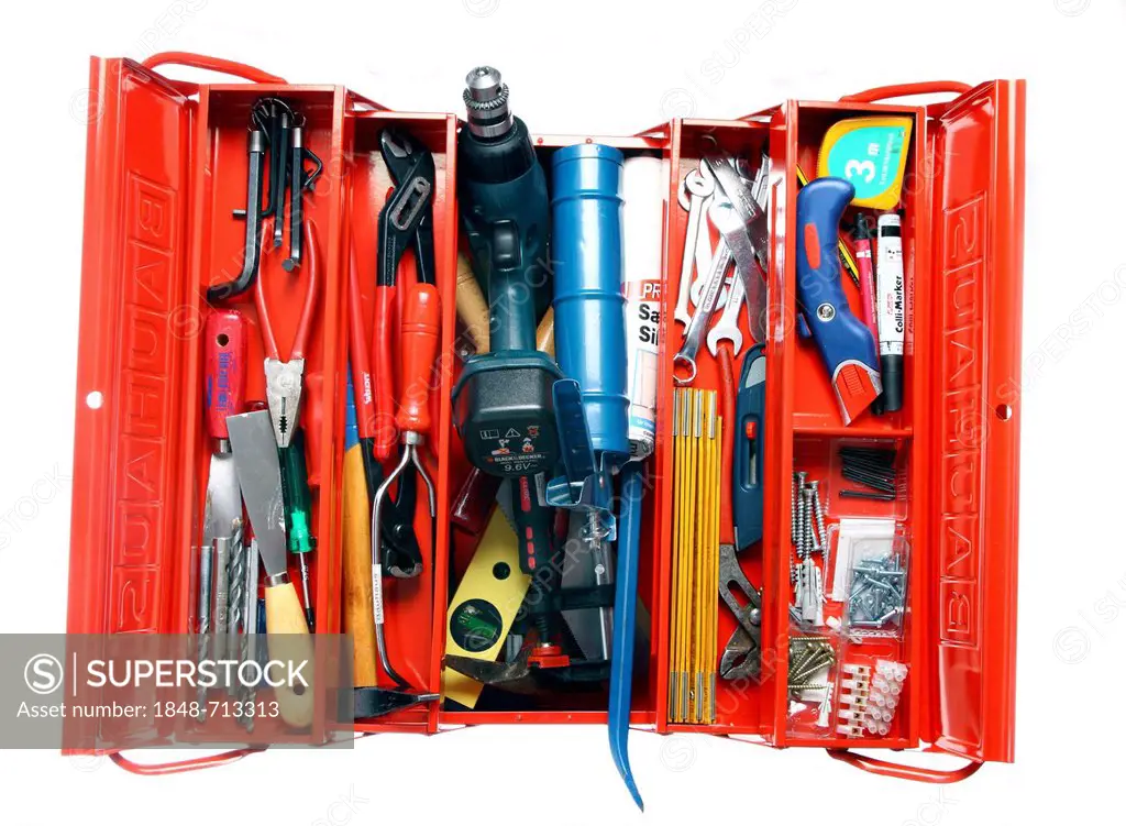 Red metal tool box full of various tools