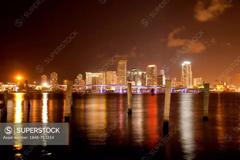 The illuminated skyline of downtown Miami, Florida, USA