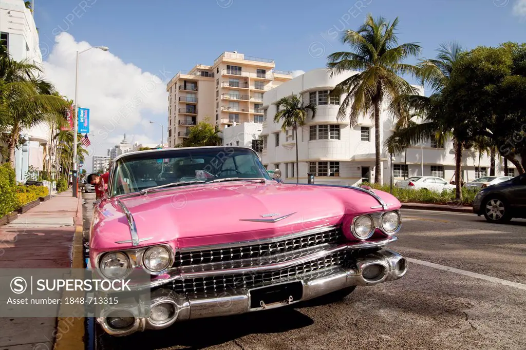 Pink Cadillac in the Art Deco district of South Beach, Miami, Florida, USA