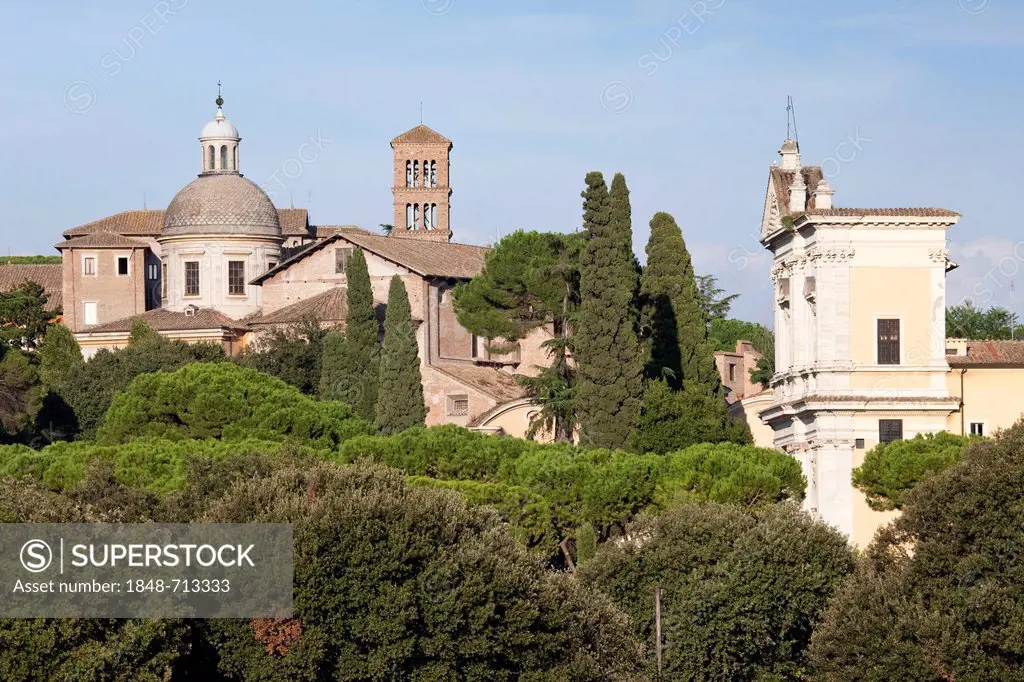 Basilica dei Santi Giovanni e Paolo on the left, the facade of San Gregorio Magno on the right, Rome, Italy, Europe