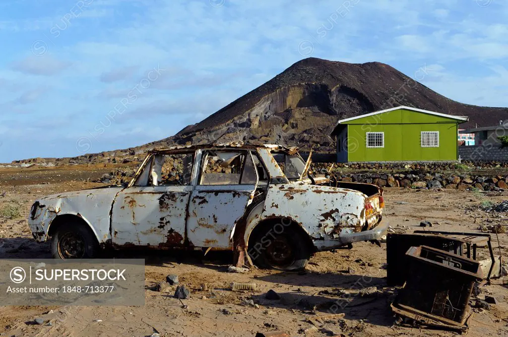 Car wreck in quarry near Calhau, Sao Vicente, Cape Verde, Africa
