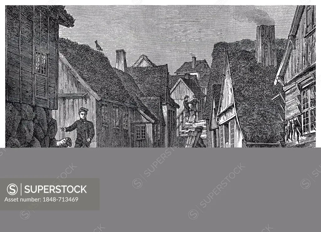 Street scene in Tórshavn, Thorshavn or Havn, capital of the Faroe people on the east coast of Streymoys, historic engraving from 19th Century, from bo...