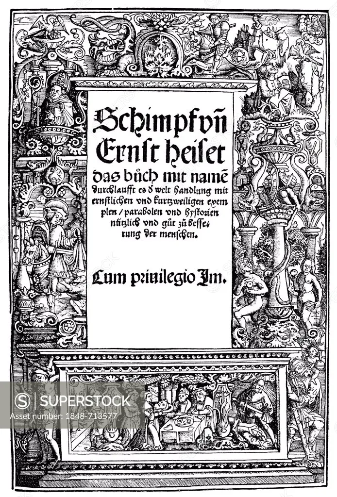 Historic print, woodcut, historical engraving, Ein Schwank aus dem grossen Exempelbuch Schimpf und Ernst, also Schimpf-Exempel, comedic writing, by Jo...