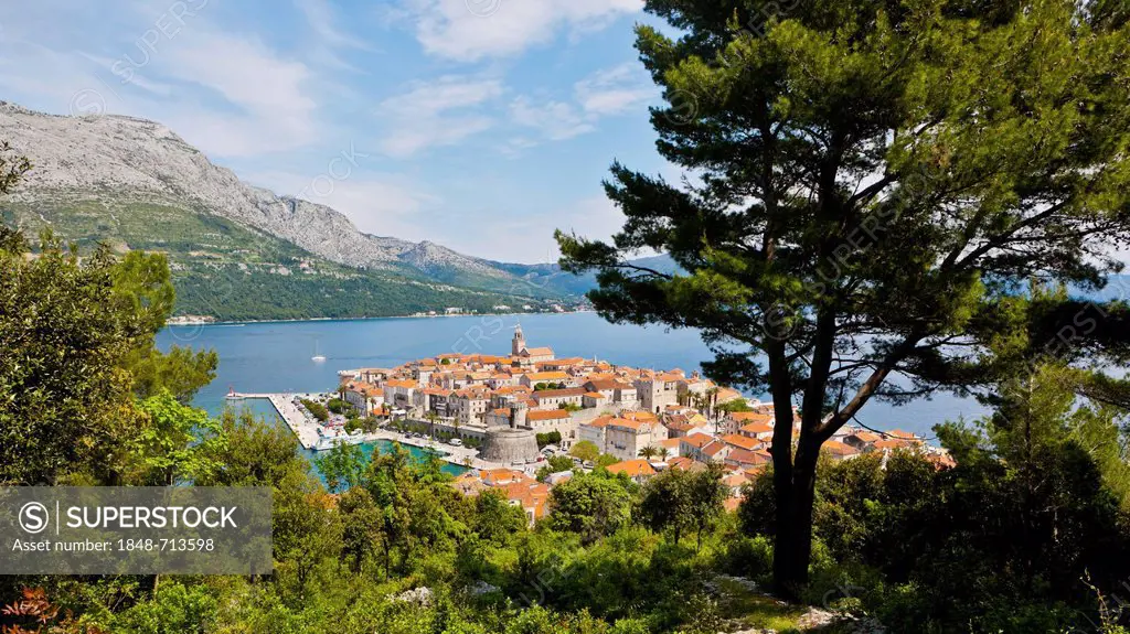 Overlooking the historic town centre of Korcula, Central Dalmatia, Dalmatia, Adriatic coast, Croatia, Europe, PublicGround