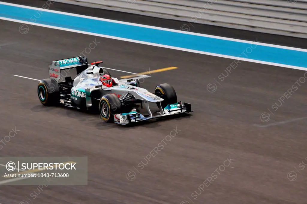 Formula One racing car of Michael Schumacher, Germany, start number 7, of the Team Mercedes-GP on the Yas Marina Circuit race track on Yas Island duri...