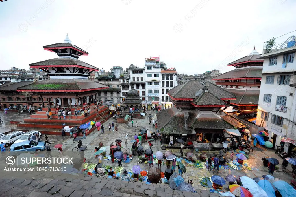 Royal Square, Durbar Square with market during rainy weather, Bagmati, Kathmandu, Nepal, South Asia, Asia