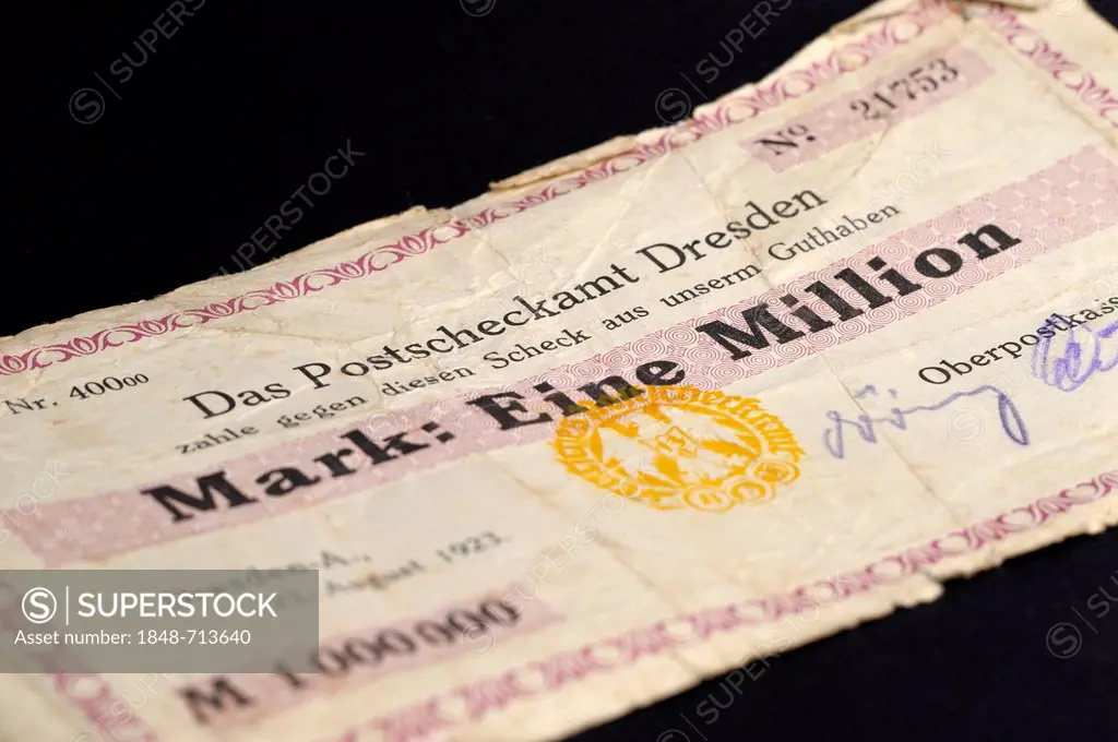 Inflation, one million Reichsmark cheque from Postscheckamt Dresden, 1923