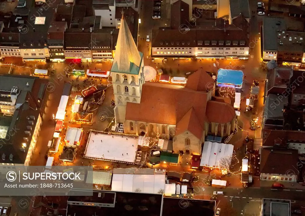 Aerial view, Pauluskirche church, the Christmas market and an ice skating rink at night, Hamm, Ruhr area, North Rhine-Westphalia, Germany, Europe