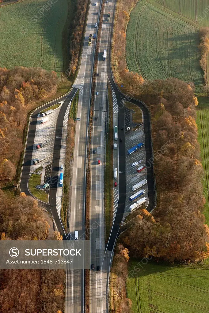 Aerial view, A44 motorway, Siddinghausen motorway resting spot, Unna, Ruhr area, North Rhine-Westphalia, Germany, Europe