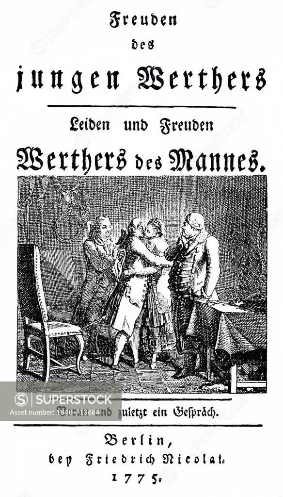 Historic print, engraving, title page of The Joys of Young Werther, 1775, by Friedrich Nicolai, a parody of The Sorrows of Young Werther by Johann Wol...