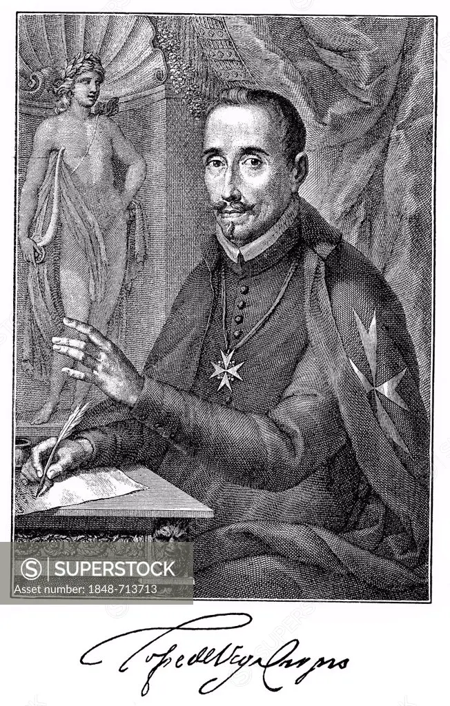 Historical engraving from 19th Century, portrait of Félix Lope de Vega Carpio, 1562-1635, Spanish poet