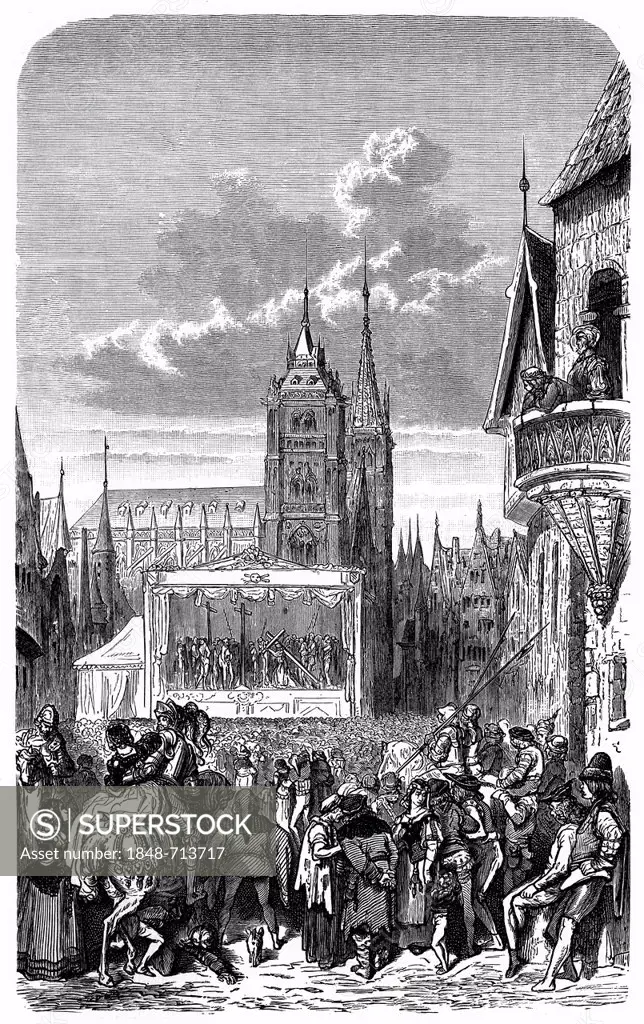 Historical engraving from the 19th Century, passion play or mystery play, religious theatre performance in a public space in a Dutch town