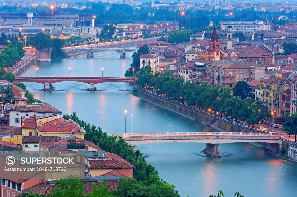 Verona with Adige river at dusk, Veneto, Italy, Europe