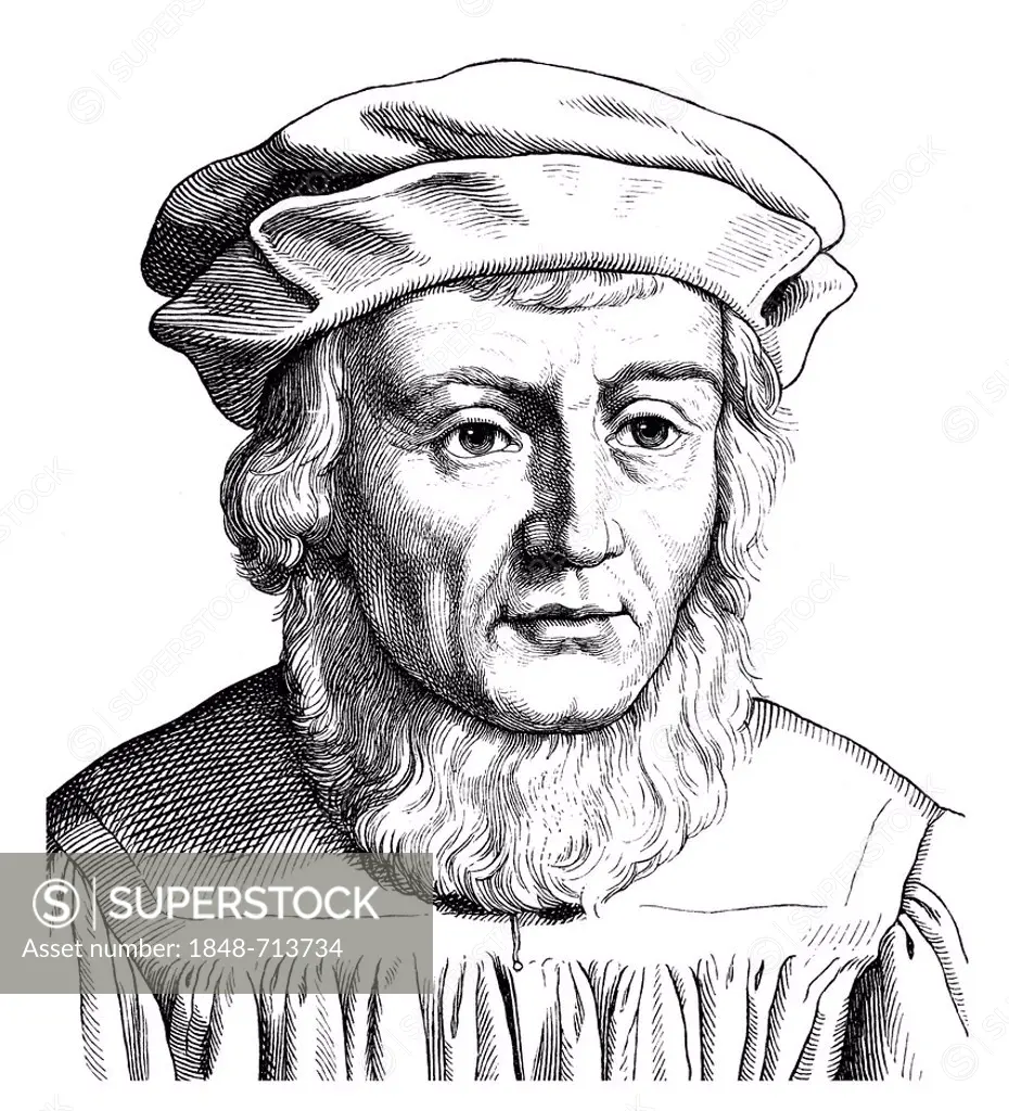 Historical drawing from the 19th Century, portrait of Johannes Aventinus or Johann Georg Turmair, 1477 - 1534, a German historian and court historian