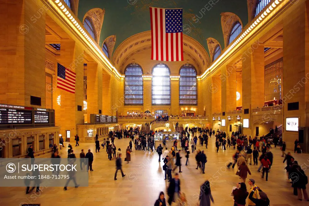 Lobby of Grand Central Station, American flag, New York City, New York, United States, North America