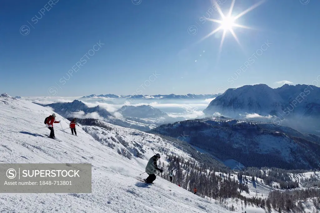Tauplitz skiing area, Tauplitzalm alp, Grimming on the right, Bad Mitterndorf, Ausseerland, Salzkammergut, Styria, Austria, Europe