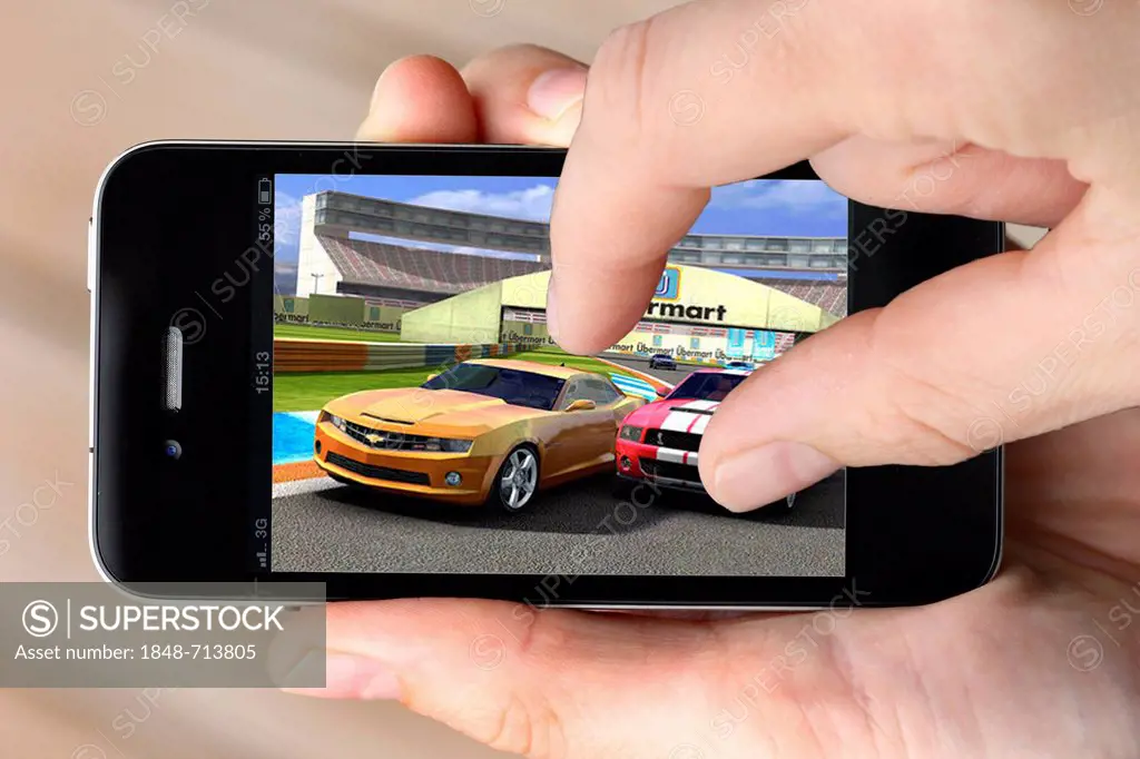 Iphone, smart phone, app on the screen, computer game, car racing