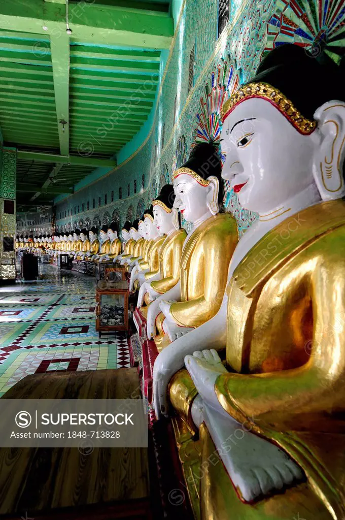 Buddha statues in a monastery, Umin Thounzeh Pagoda, Sagaing, Mandalay, Burma also known as Myanmar, Southeast Asia, Asia