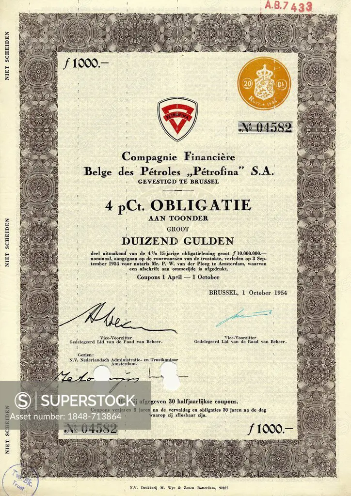 Historical share certificate, value 1000 Guilders, Compagnie Financiere Belge des Petroles Petrofina SA, petroleum production, petrol stations, merged...