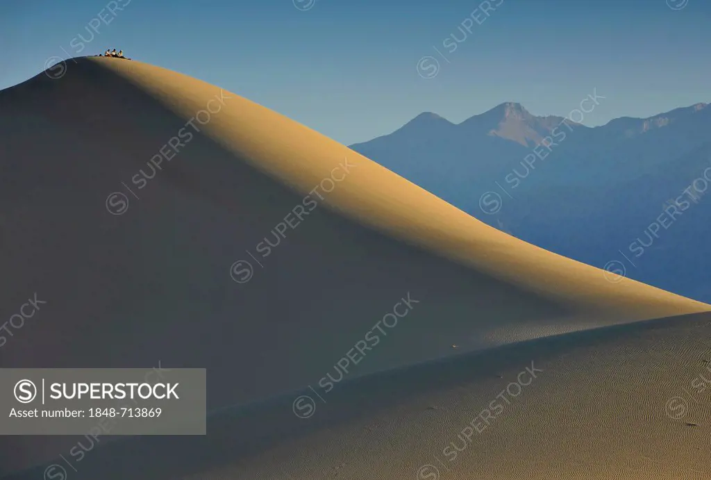 Tourists on Star Dune, the highest dune of the Mesquite Flat Sand Dunes, known from Star Wars, early morning light, Stovepipe Wells, looking towards C...