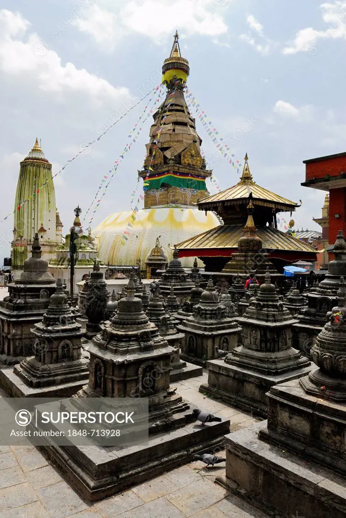 Stupa with prayer flags, Swayambhunath temple, Kathmandu, Nepal, Asia
