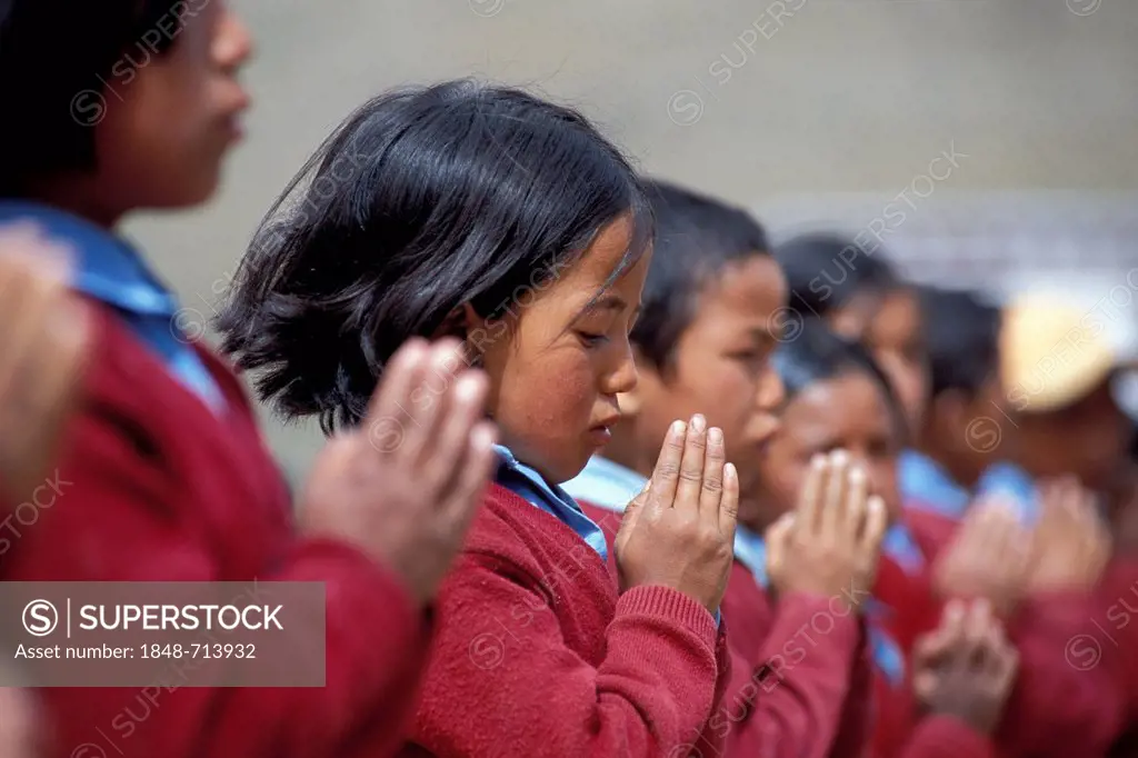 Children at a morning roll call, school and boarding school, Reru near Padum, Zanskar, Ladakh, Jammu and Kashmir, North India, India, Asia
