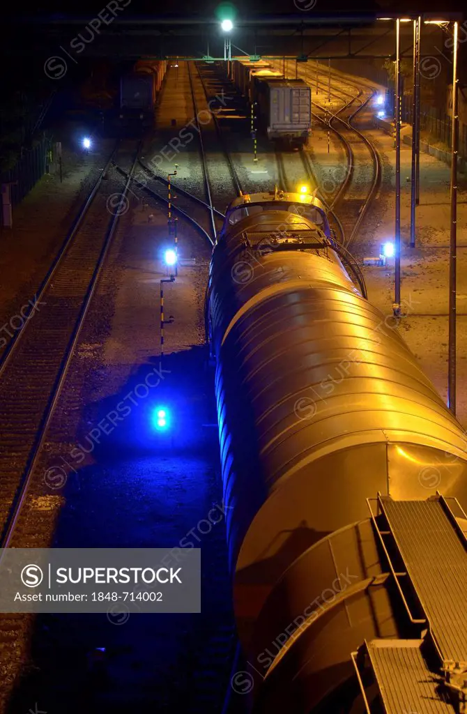 Railway freight yard track at BASF Plant Schwarzhheide at night, Brandenburg, Germany, Europe