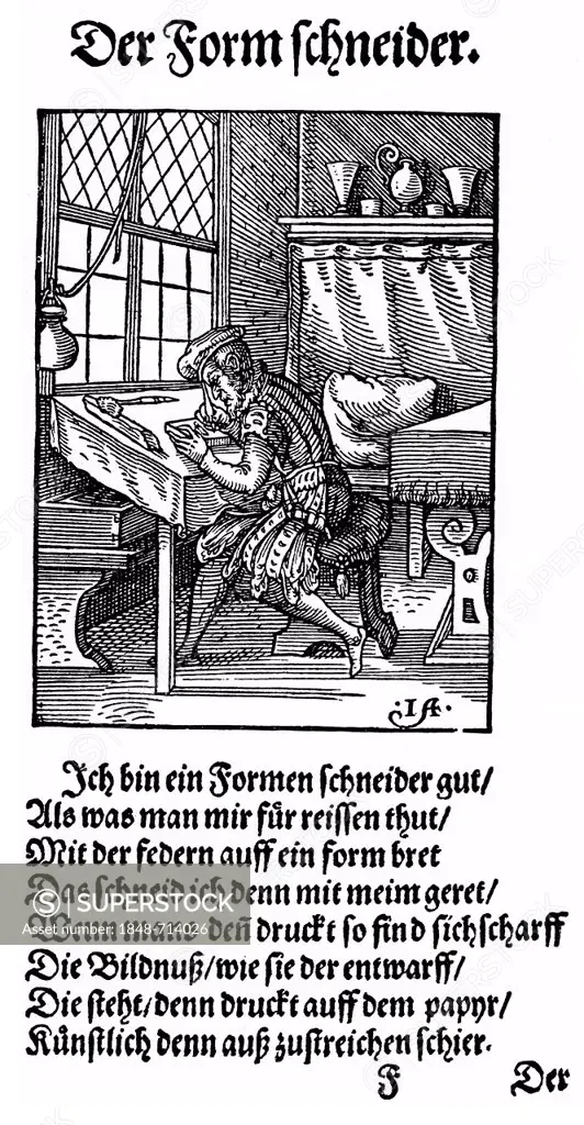 Historic print, woodcut of 1568, description of the status groups, front page by Hans Sachs, 1494 - 1576, a Nuremberg poet, playwright and Meistersing...