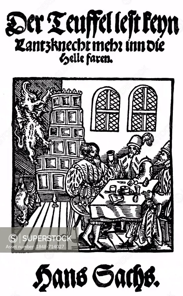Historic print, woodcut of 1556, front page by Hans Sachs, 1494 - 1576, a Nuremberg poet, playwright, Meistersinger and dramatist, from Bildatlas zur ...