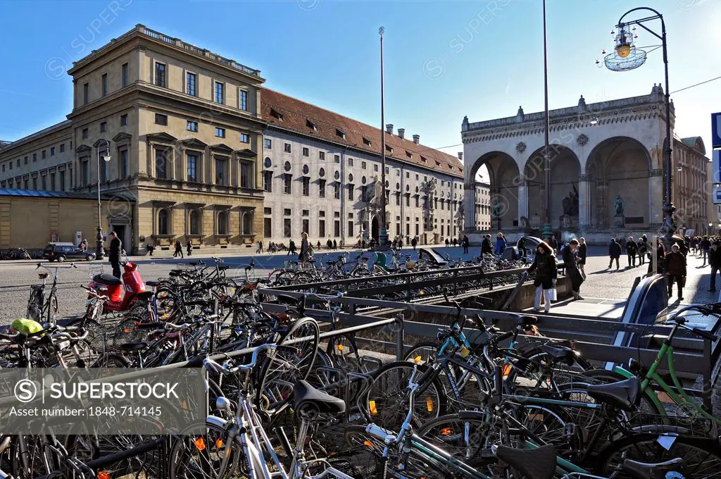 Bicycles parked at Odeonsplatz square, Munich, Bavaria, Germany, Europe