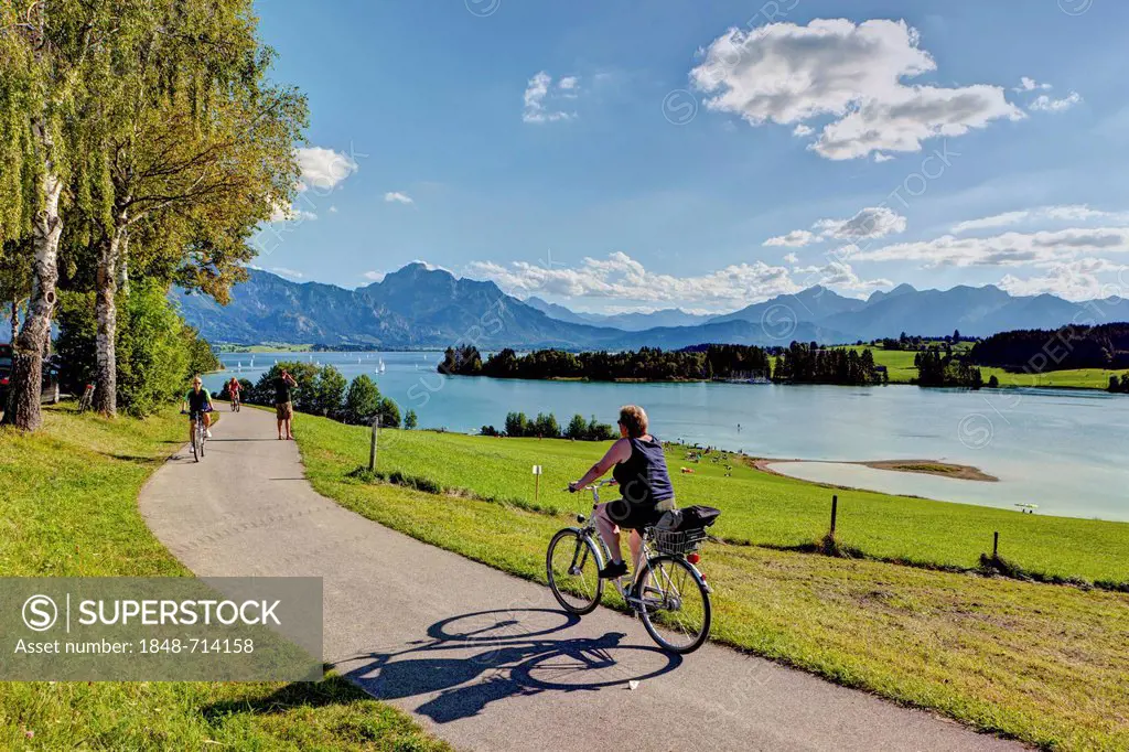 Cyclist on Lake Forggensee, Upper Bavaria, Bavaria, Germany, Europe, PublicGround