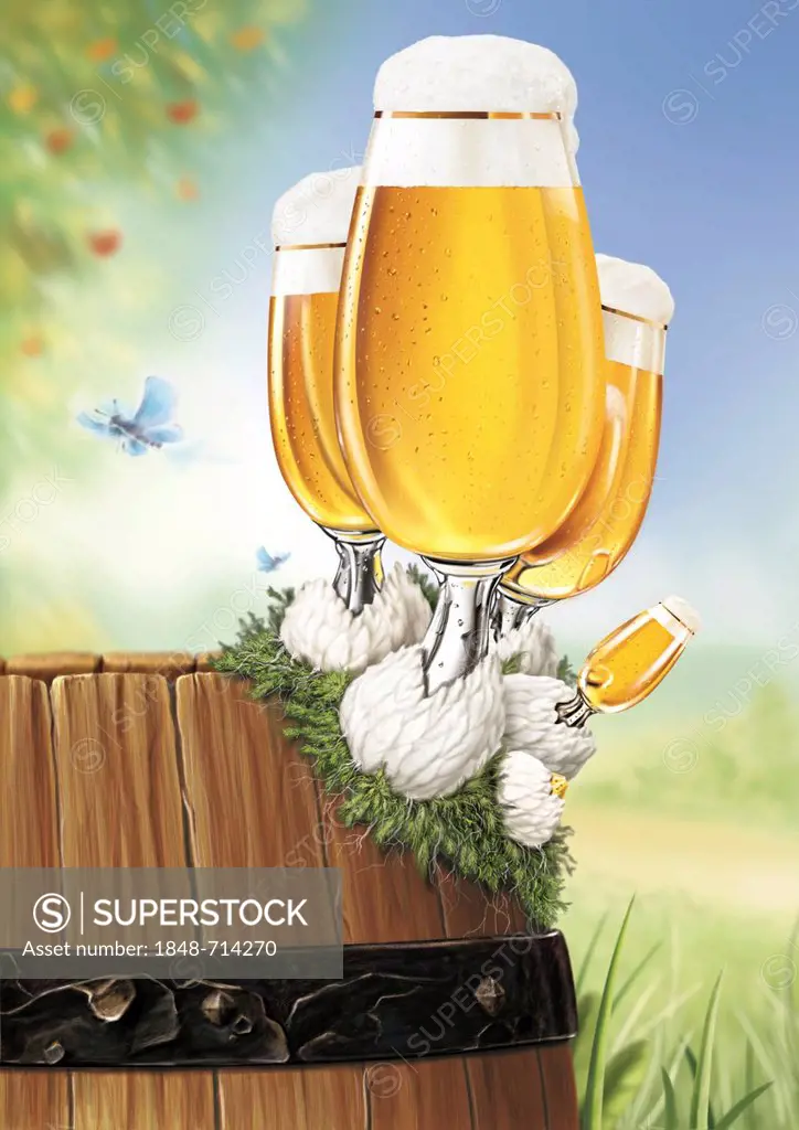 Beer glasses, beer barrel, illustration