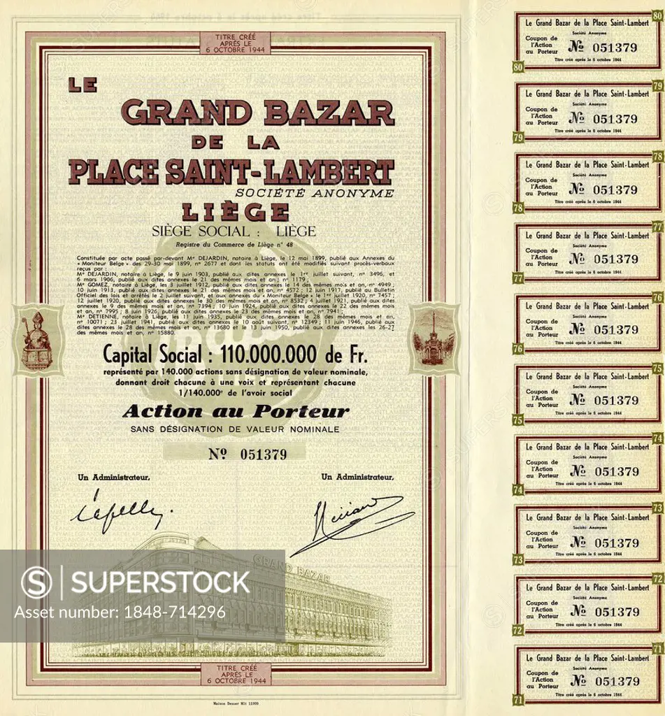 Historical share certificate for shopping centre in Liege, Le Grand Bazar de la Place Saint Lambert, 1944, Liege, Belgium, Europe