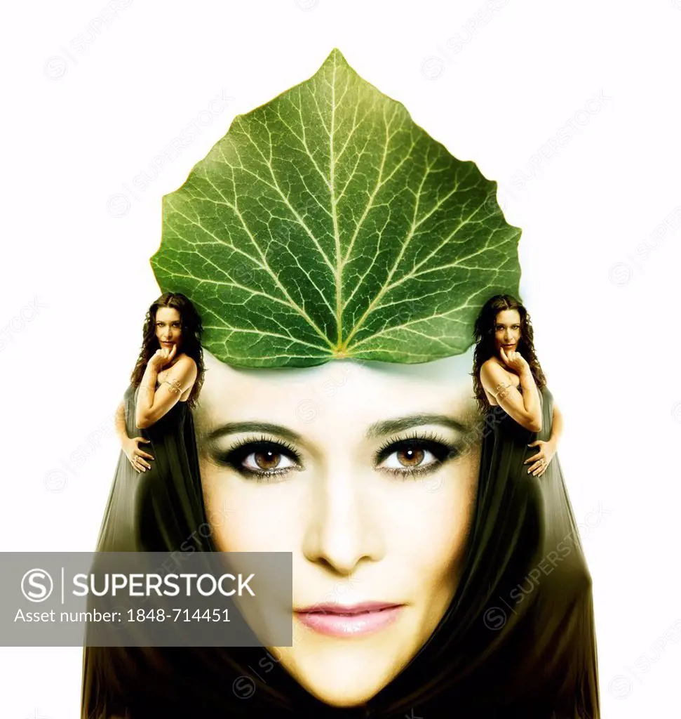 Woman wearing a leaf, crown, portrait, composing