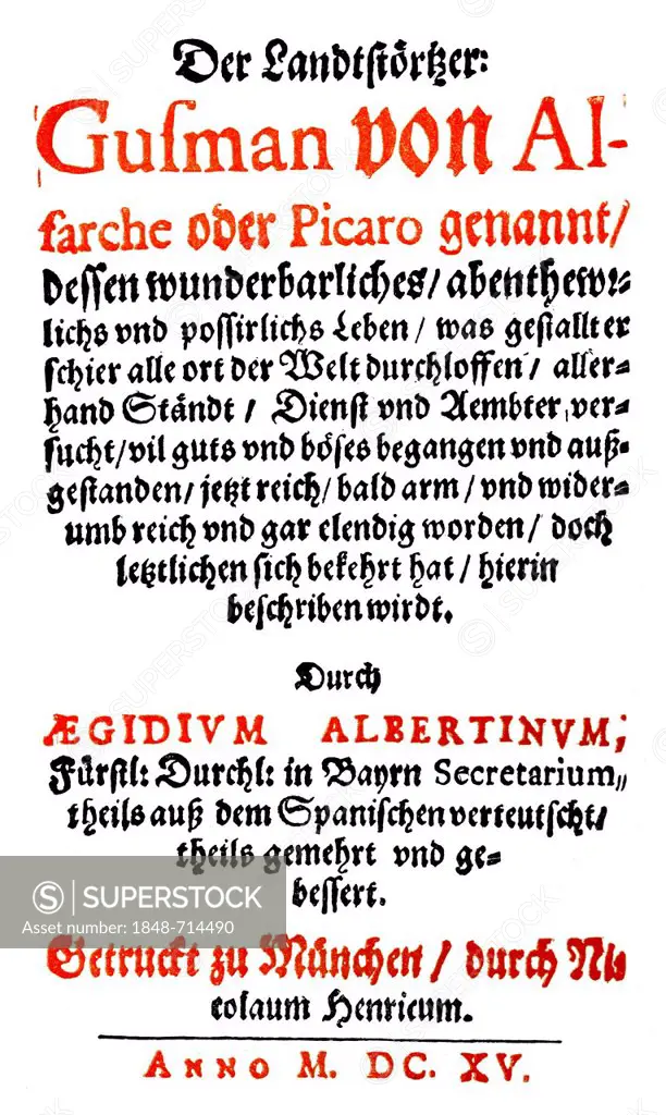 Historic print, 1615, front page by Aegidius Albertinus, 1560 - 1620, writer and translator of the Counter-Reformation, from Bildatlas zur Geschichte ...