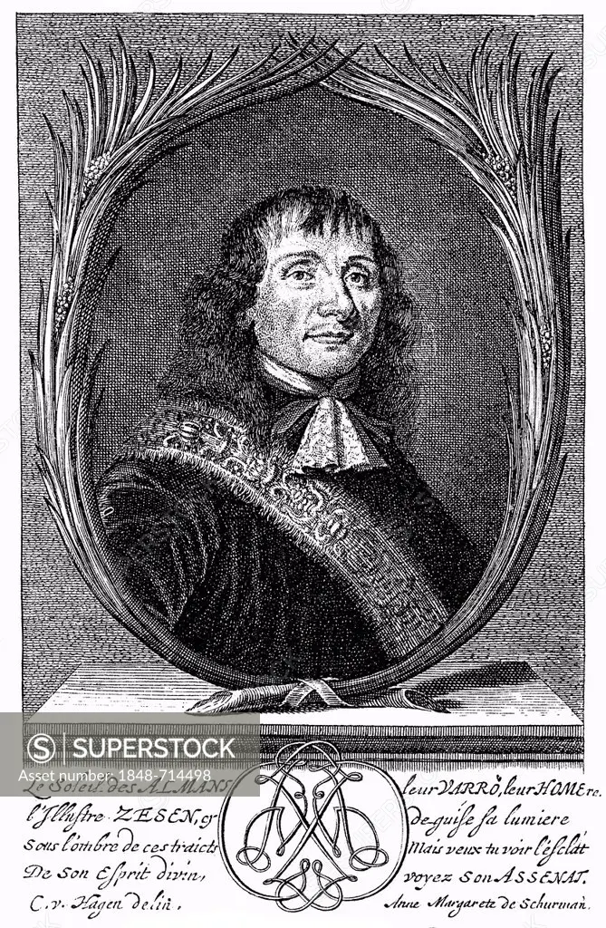 Historic print, portrait of Philipp von Zesen also known as Filip Coesius, Caesius or Ritterhold von Blauen, 1619 - 1689, a German Protestant hymnwrit...