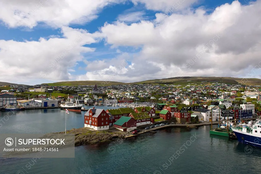 Tórshavn on Streymoy, capital of the Faroe Islands, with the red houses of the island administration at the front, group of islands in the North Atlan...