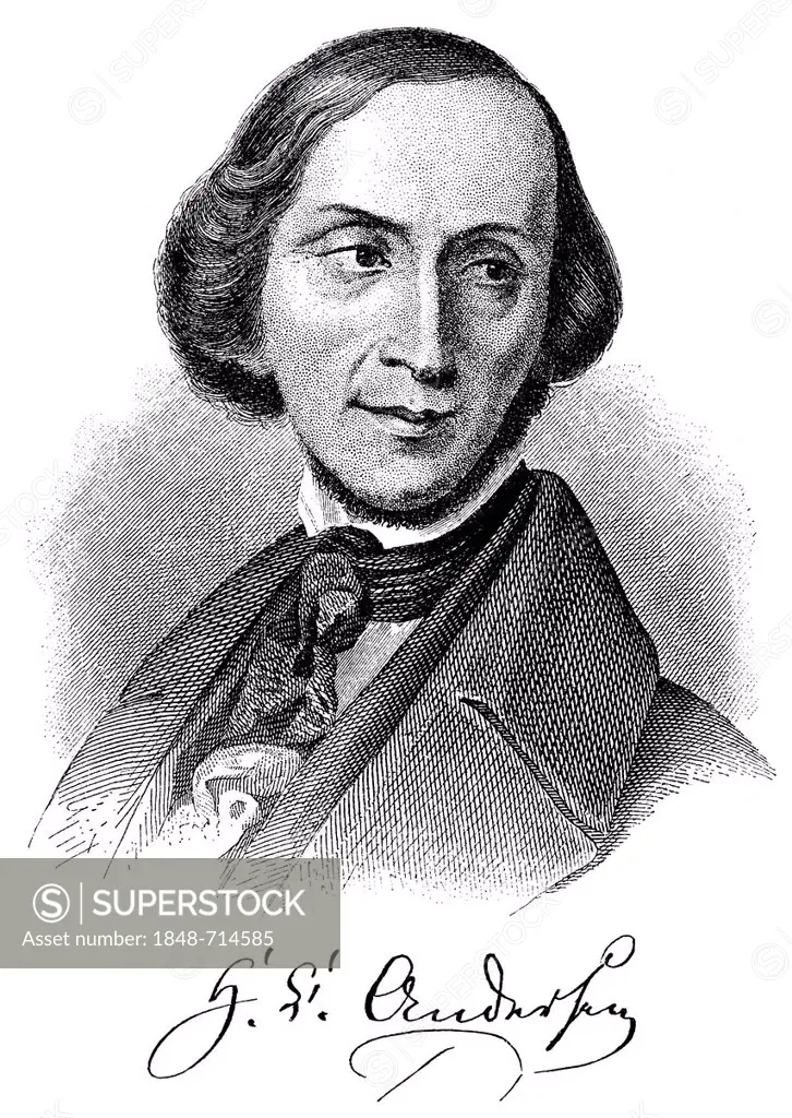 Historical engraving from 19th Century, portrait of Hans Christian Andersen, 1805-1875, Danish poet and writer