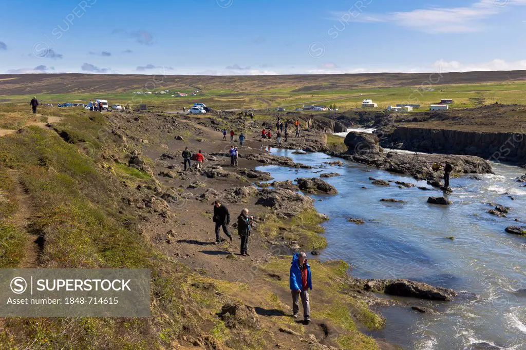 Tourists on the lower reaches of Godafoss, waterfall of the gods, Iceland, Northern Europe, Europe