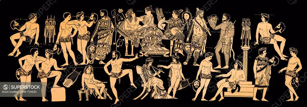 Historical print from the 19th century, facsimile of the Greek theatre on a vase painting from the 7th century BC depicting Dionysus with Satyrs or de...