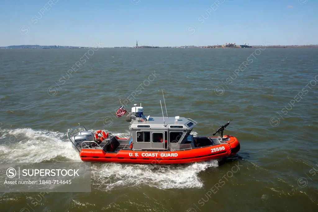 Rubber boat of the U.S. Coast Guard, tour to the Statue of Liberty, Liberty Island, New York City, New York, United States, North America