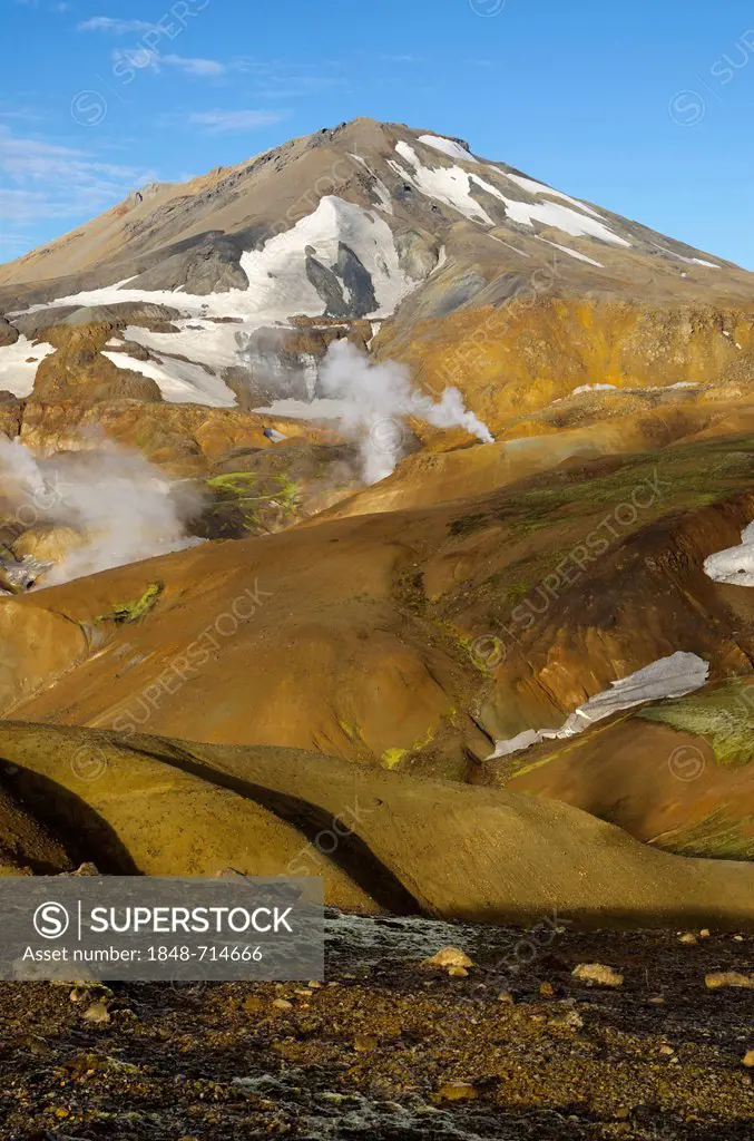 Hot springs and snow-capped Rhyolite Mountains, Hveradallir high temperature region, Kerlingarfjoell, highlands, Iceland, Europe