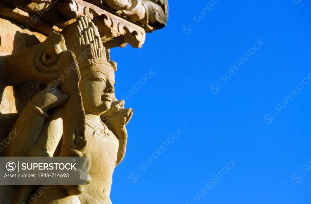 Stone carvings with scenes from Kamasutra, Khajuraho temples, Khajuraho, Madhya Pradesh, India, Asia